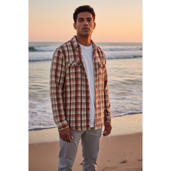 Life Khaki by Haggar Other - Life Khaki by Haggar Mens Plaid Button Down Shirt Medium Orange Tan Regular Fit